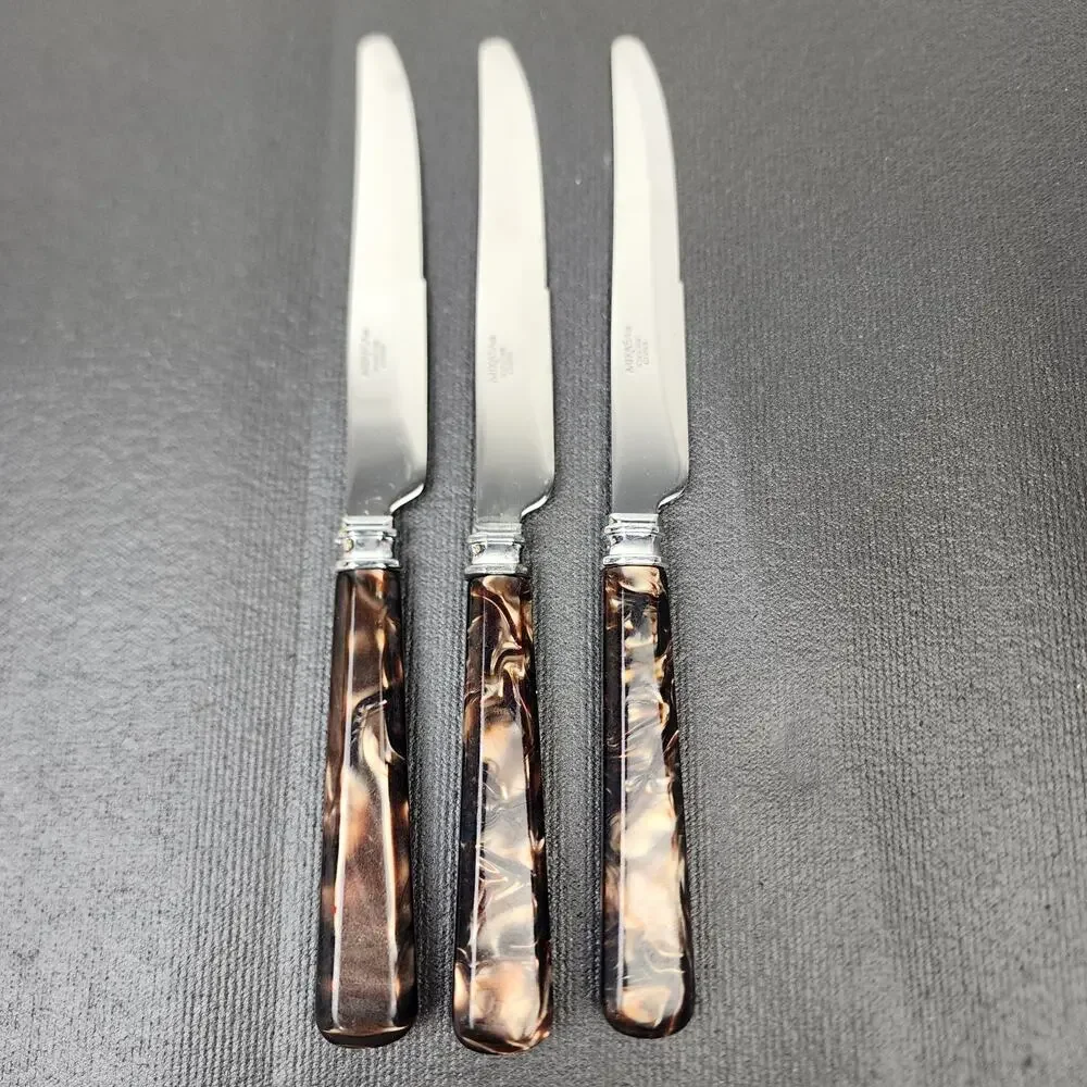 3 MIKASA 18/0 Tortoise Handle Flatware Brown Acrylic Handle Dinner Knives 9.5
